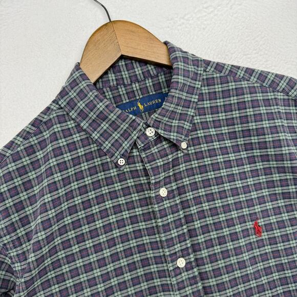 Ralph Lauren Shirt Men's Large Green Colorful Plaid Pony Logo Oxford Preppy OCBD - Picture 1 of 12